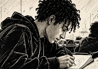 Illustration au trait d’un élève penché sur son cahier, en train d’écrire, dans une salle de classe