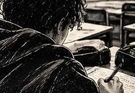 Illustration au trait d’un élève de dos, penché sur sa feuille au milieu de la classe