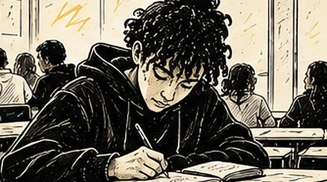 Illustration au trait d’un élève penché sur son texte