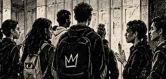 Illustration au trait d’un groupe d’élèves de dos devant des casiers, sacs sur l’épaule