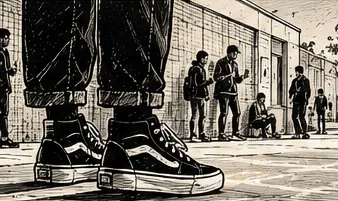 Illustration au trait d’un groupe d’élèves debout dehors, le long d’un mur, vue en contre-plongée