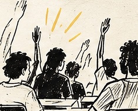 Des élèves lèvent la main pendant une séance de découverte du slam