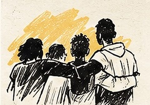 Quatre élèves de dos, bras sur les épaules, après un atelier slam sur la solidarité
