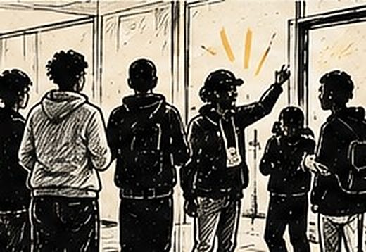 Illustration au trait d’un groupe d’étudiants debout, en discussion