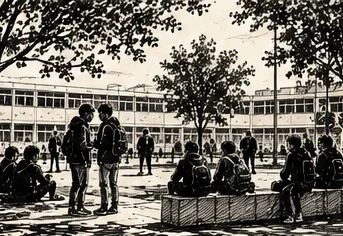 Illustration au trait de jeunes réunis en petits groupes dans un espace extérieur bordé d’arbres