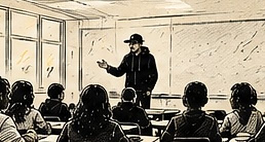 Illustration au trait d’un intervenant devant une classe, au tableau
