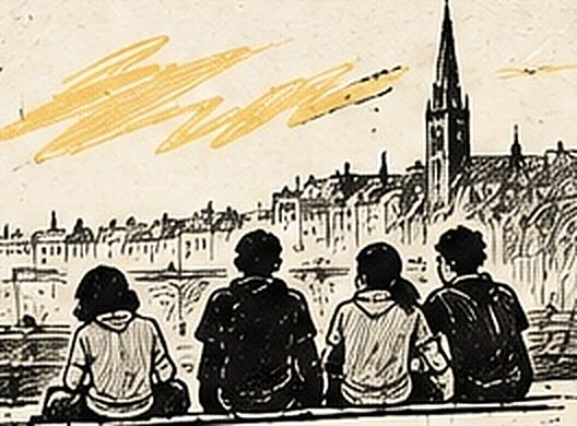 Un groupe de jeunes assis face à un paysage urbain, regardant au loin