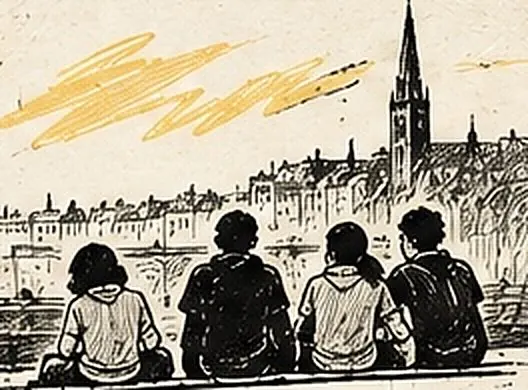 Un groupe de jeunes assis face à un paysage urbain, regardant au loin