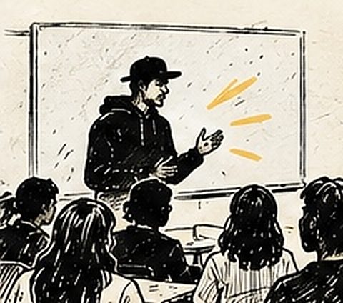 Un intervenant en casquette s’adresse à une classe devant le tableau