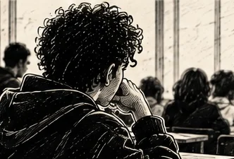 Illustration au trait d’un jeune de dos, la main contre la joue, concentré sur sa page