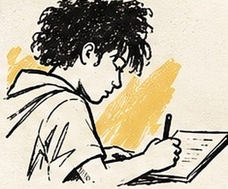 Un participant écrit son texte de rap dans un carnet pendant l’atelier
