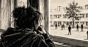 Illustration au trait d’une silhouette accoudée à une fenêtre, regardant une cour au loin
