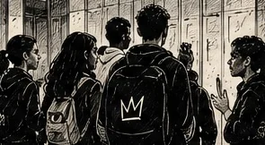 Illustration au trait d’un groupe de jeunes de dos, debout, en train de discuter