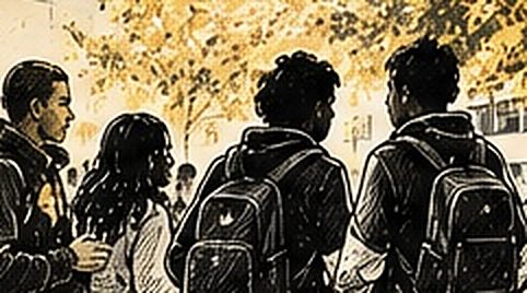 Illustration au trait de jeunes en extérieur, sac au dos