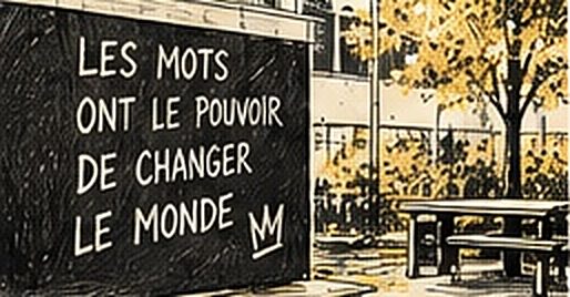 Illustration au trait d’un tableau portant les mots « les mots ont le pouvoir de changer le monde »