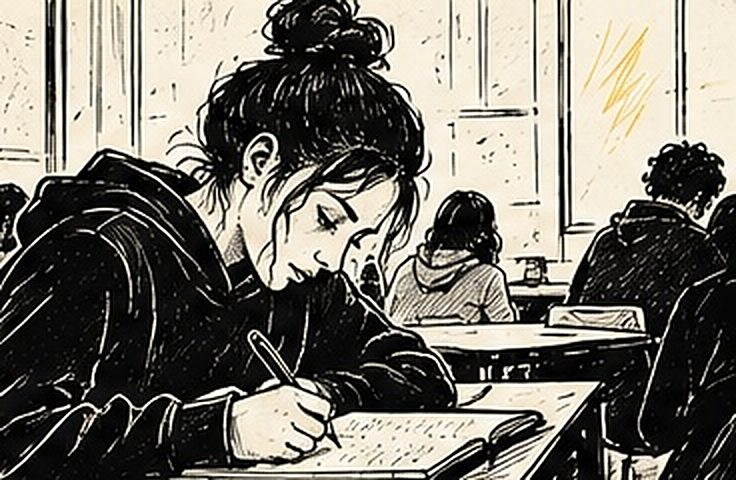 Illustration au trait d’une lycéenne penchée sur son cahier, en train d’écrire