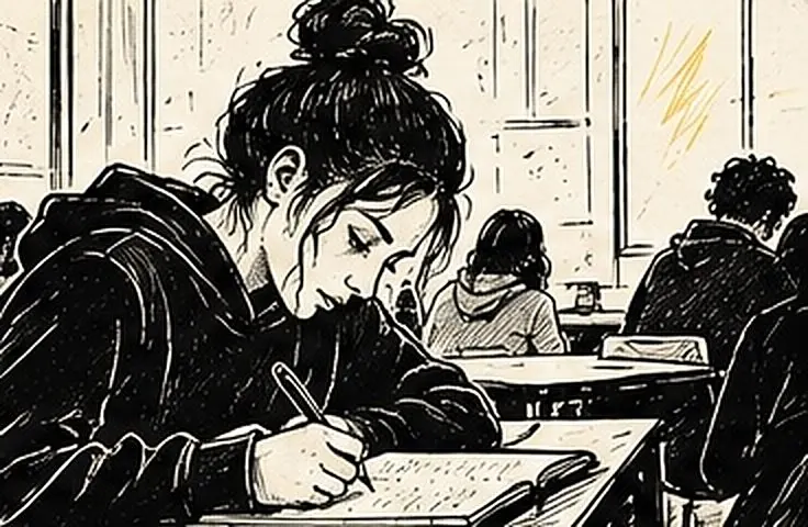 Illustration au trait d’une lycéenne penchée sur son cahier, en train d’écrire