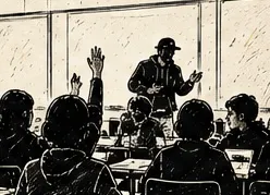 Illustration au trait d’une salle de classe où deux élèves lèvent la main devant l’intervenant