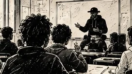 Illustration au trait d’un intervenant qui parle, vu par-dessus les épaules des participants assis