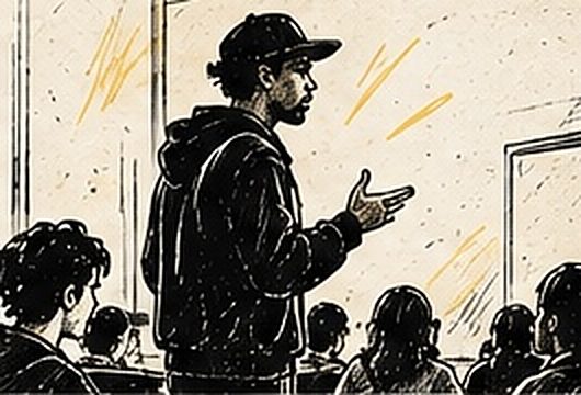 Illustration au trait d’un intervenant en pleine démonstration devant un groupe