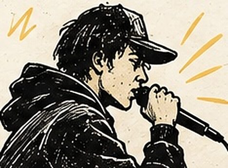 Un jeune rappeur de profil, casquette vissée, au plus près du micro