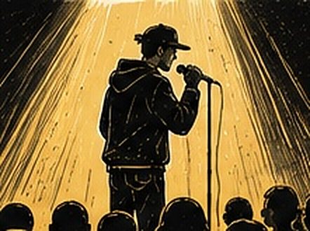 Illustration au trait d’une silhouette au micro sous les projecteurs