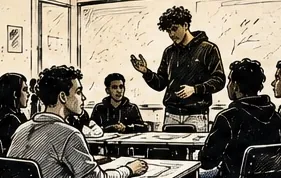 Illustration au trait d’un jeune debout au milieu des tables, en train de parler devant ses camarades