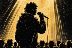 Illustration au trait d’une silhouette au micro sur une scène éclairée, face au public