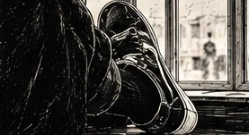 Illustration au trait de jambes et de baskets posées sur le rebord d’une fenêtre, à contre-jour