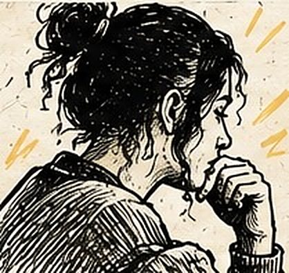 Illustration au trait d’un profil pensif, poing fermé contre le menton