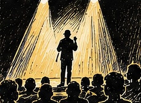 Un performeur sur scène sous deux projecteurs, face à un public nombreux dans une salle plongée dans le noir