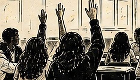 Illustration au trait d’élèves qui lèvent la main dans une classe