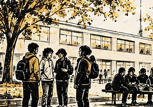 Illustration au trait d’un groupe de jeunes devant une scène