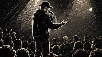 Illustration au trait d’une silhouette au micro, de dos, sous un projecteur, face à un public nombreux