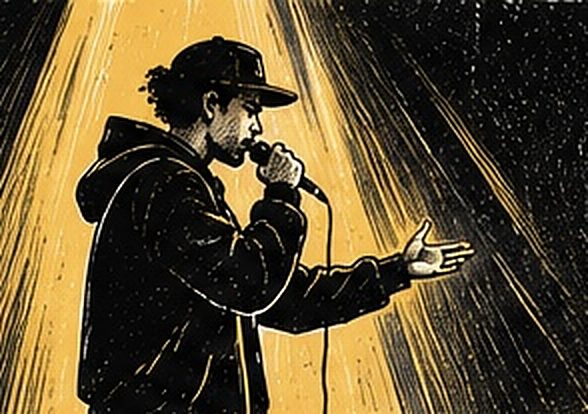 Illustration au trait d’une déclamation au micro sous les projecteurs