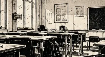 Illustration au trait d’une salle de classe vide, tables alignées et sac oublié sur une chaise