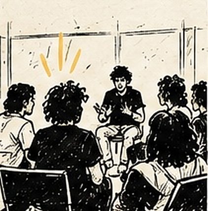 Un petit groupe assis en cercle autour d’une personne qui performe, dans une salle intimiste