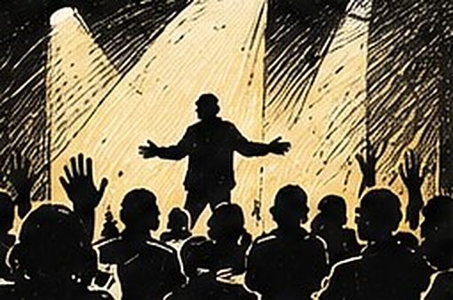Un performeur bras ouverts sur une scène de festival, face à un public nombreux