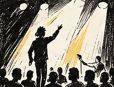 Illustration au trait d’une scène slam ouverte devant un public