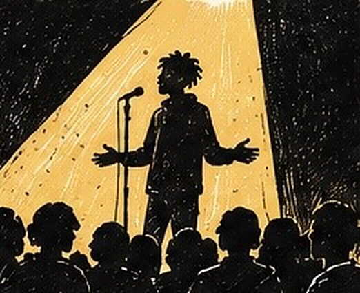 Illustration au trait d’un performeur en contre-jour au micro, face à un public