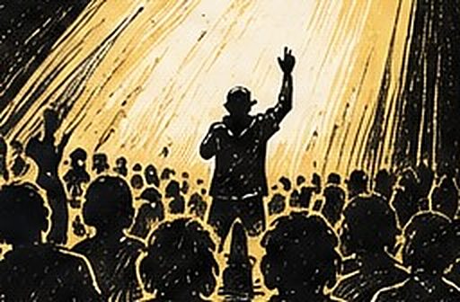 Un slameur debout sur scène, bras levé, sous des projecteurs jaunes, face à une foule dense