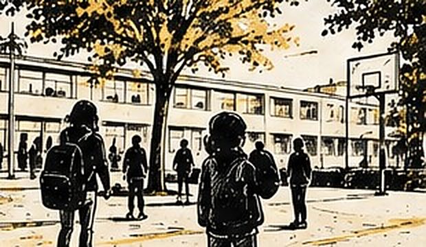Illustration au trait d’un groupe de jeunes devant un bâtiment scolaire