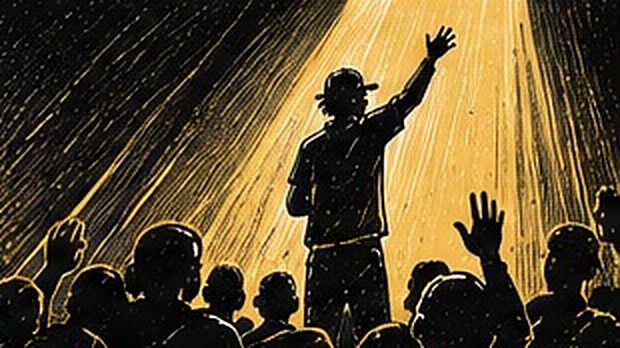 Illustration au trait d’une personne déclamant devant un public rassemblé