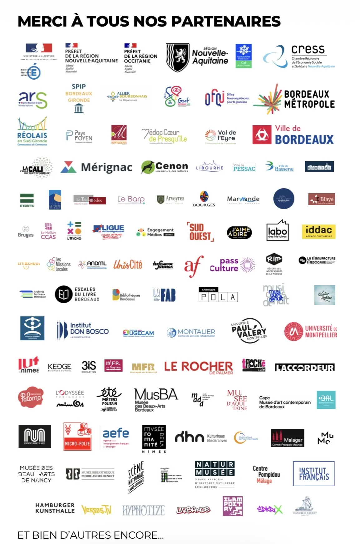 Les logos des institutions, collectivités, établissements et lieux culturels partenaires : ministères, régions, villes, musées, médiathèques, écoles et associations