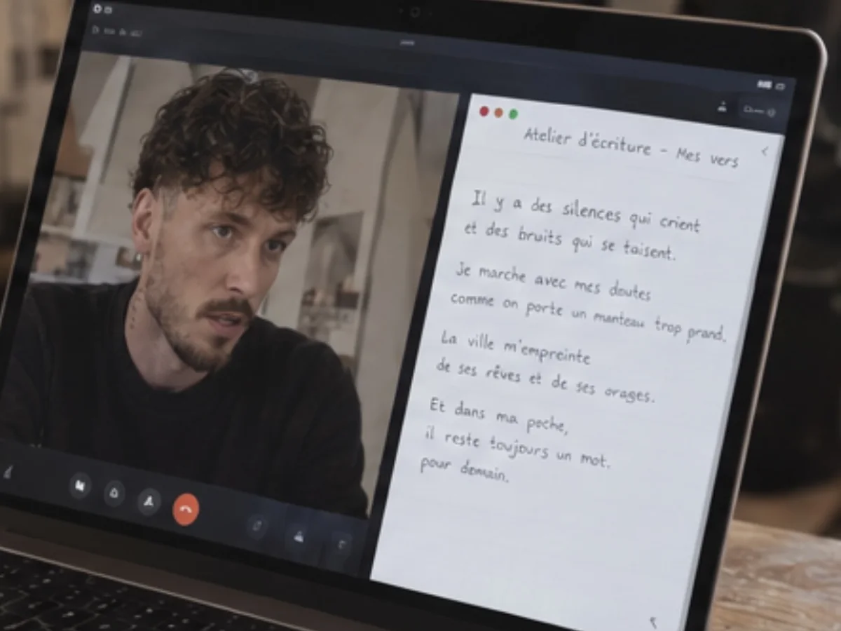 Un cours privé en visioconférence : Esope à l'écran d'un ordinateur portable, à côté du texte en cours d'écriture